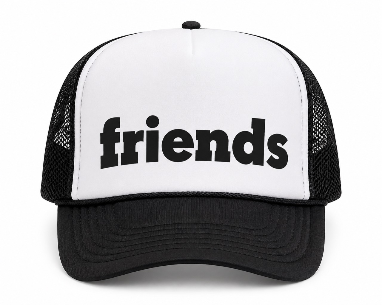 Black and white Friends trucker hat