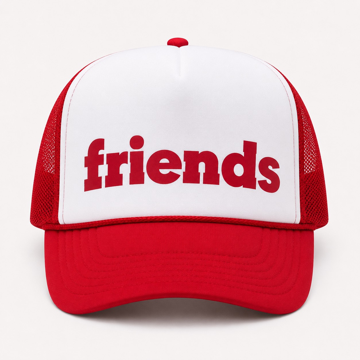 Red and white Friends trucker hat