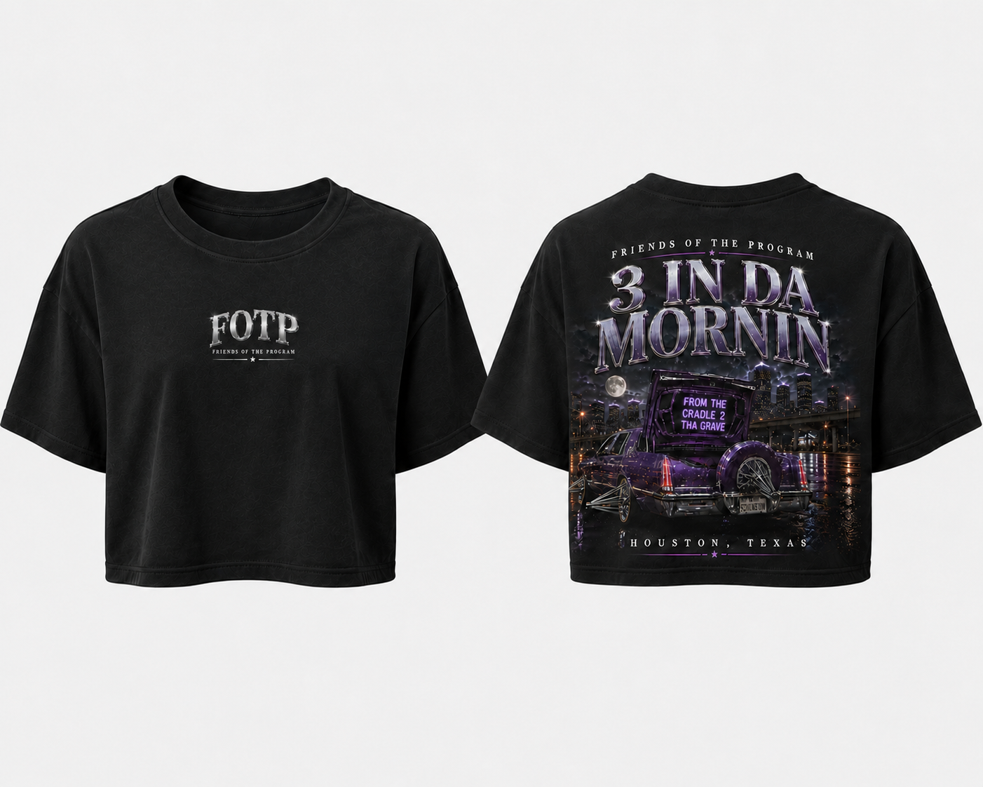 Black 3 In Da Mornin crop top front and back mockup