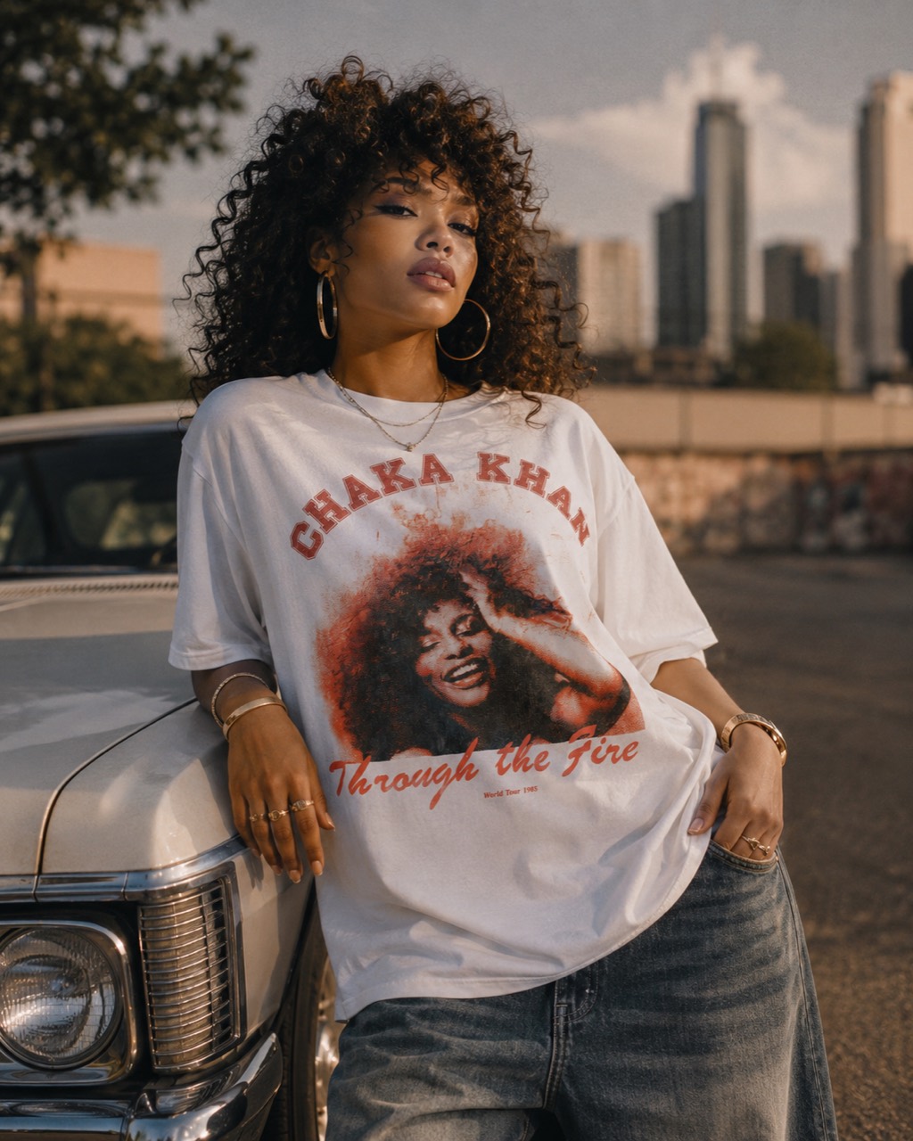Model wearing the white Chaka Khan Through the Fire tee beside a classic car