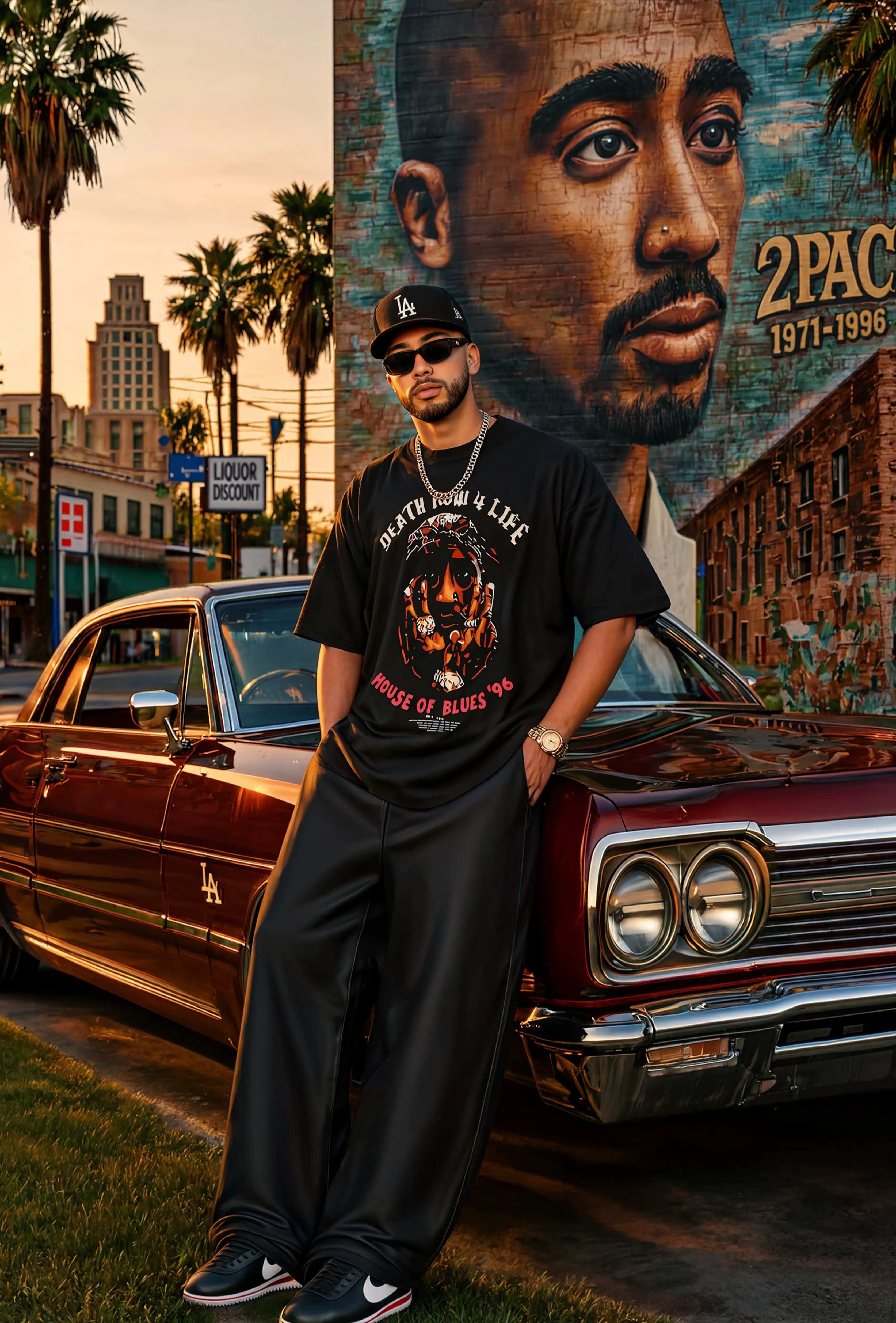Model wearing the Death Row 4 Life limited edition tee near a mural and classic car