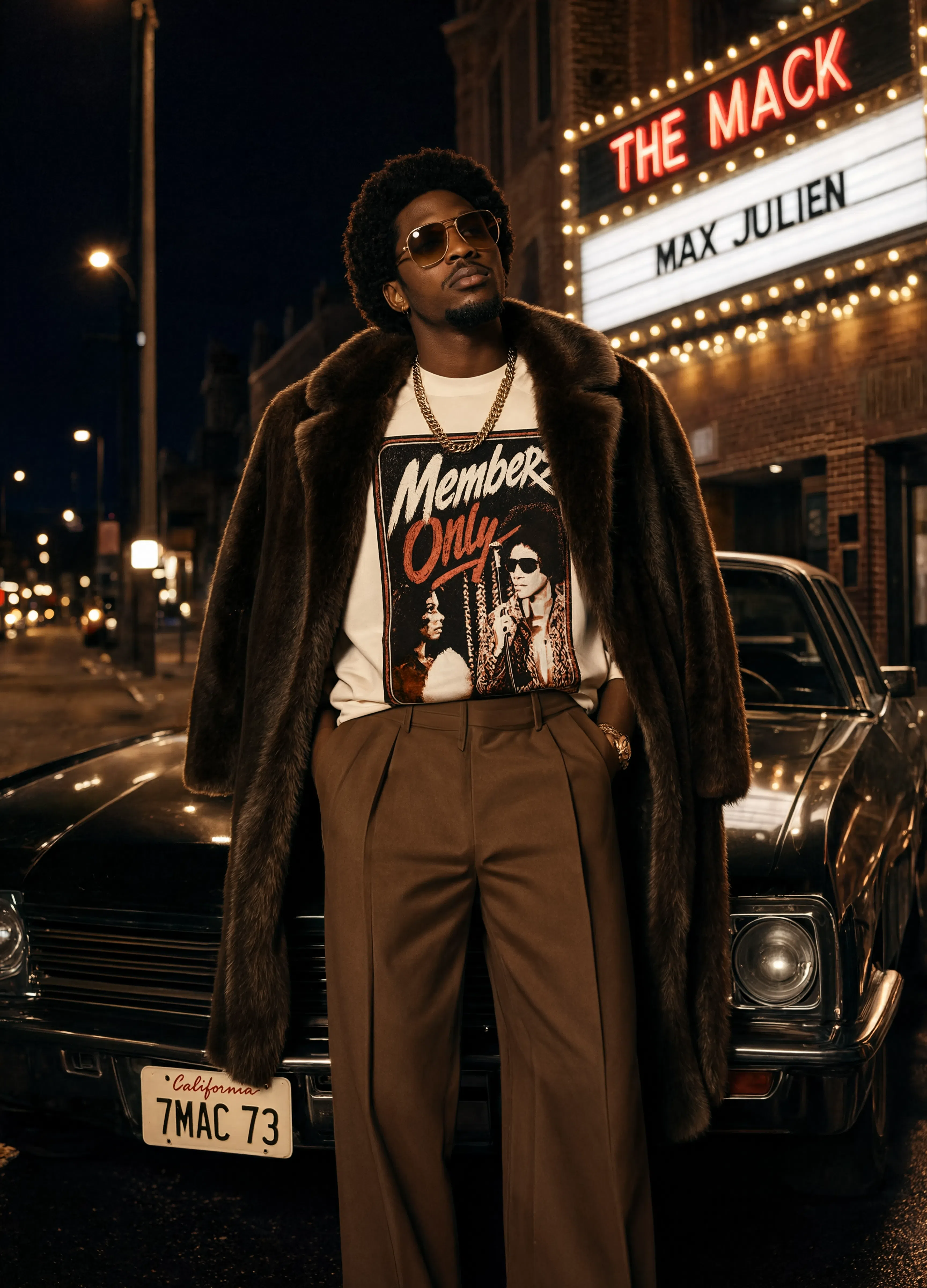 Model wearing the Memberz Only drop shoulder tee in a record-room editorial