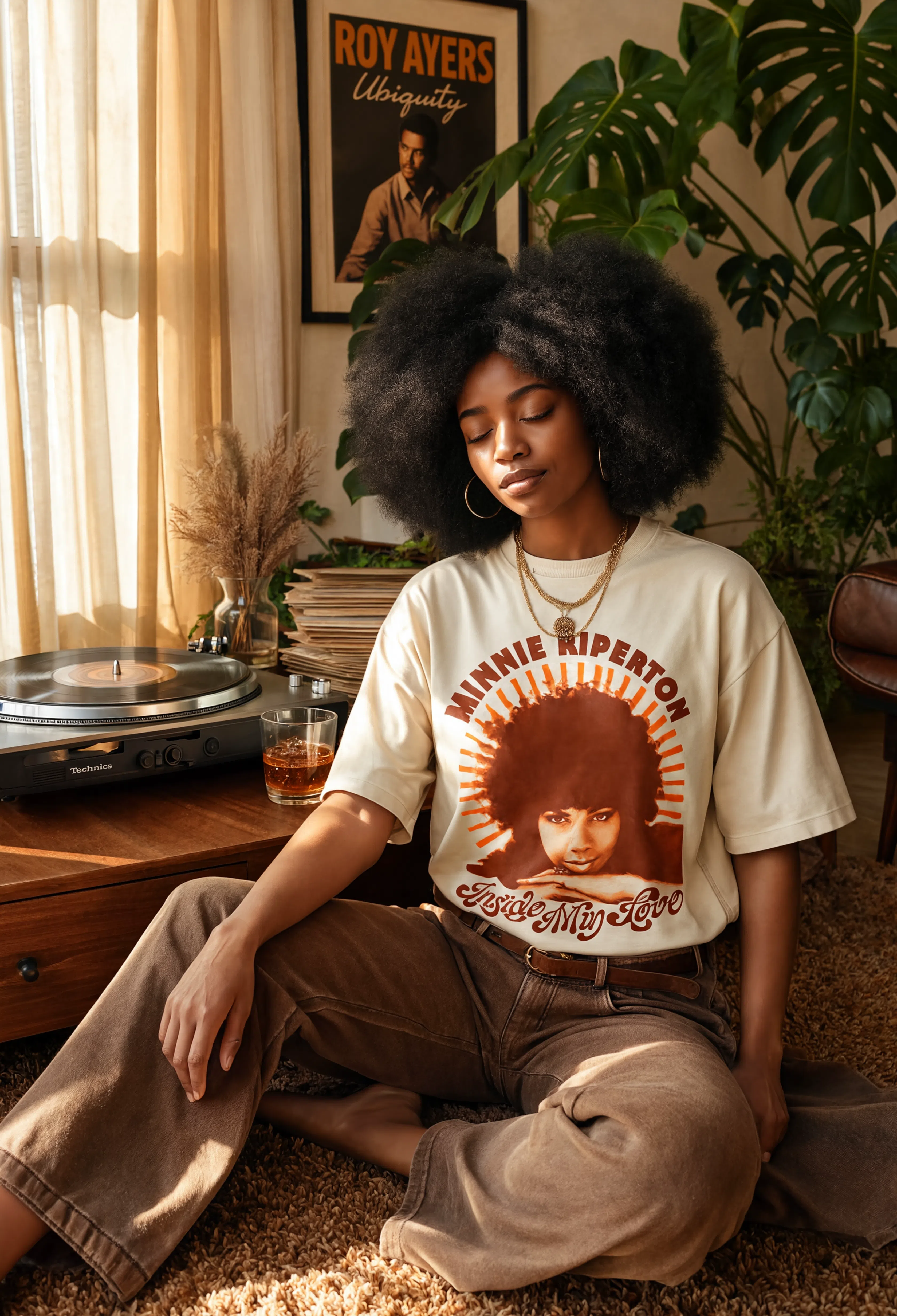 Model wearing the Minnie Riperton limited edition tee in a warm record-room editorial