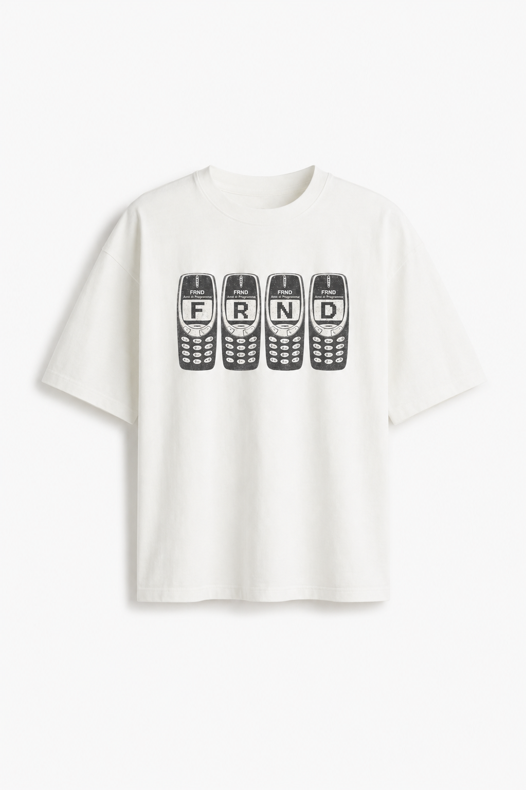 White FRND Brick Phone Lux Tee mockup