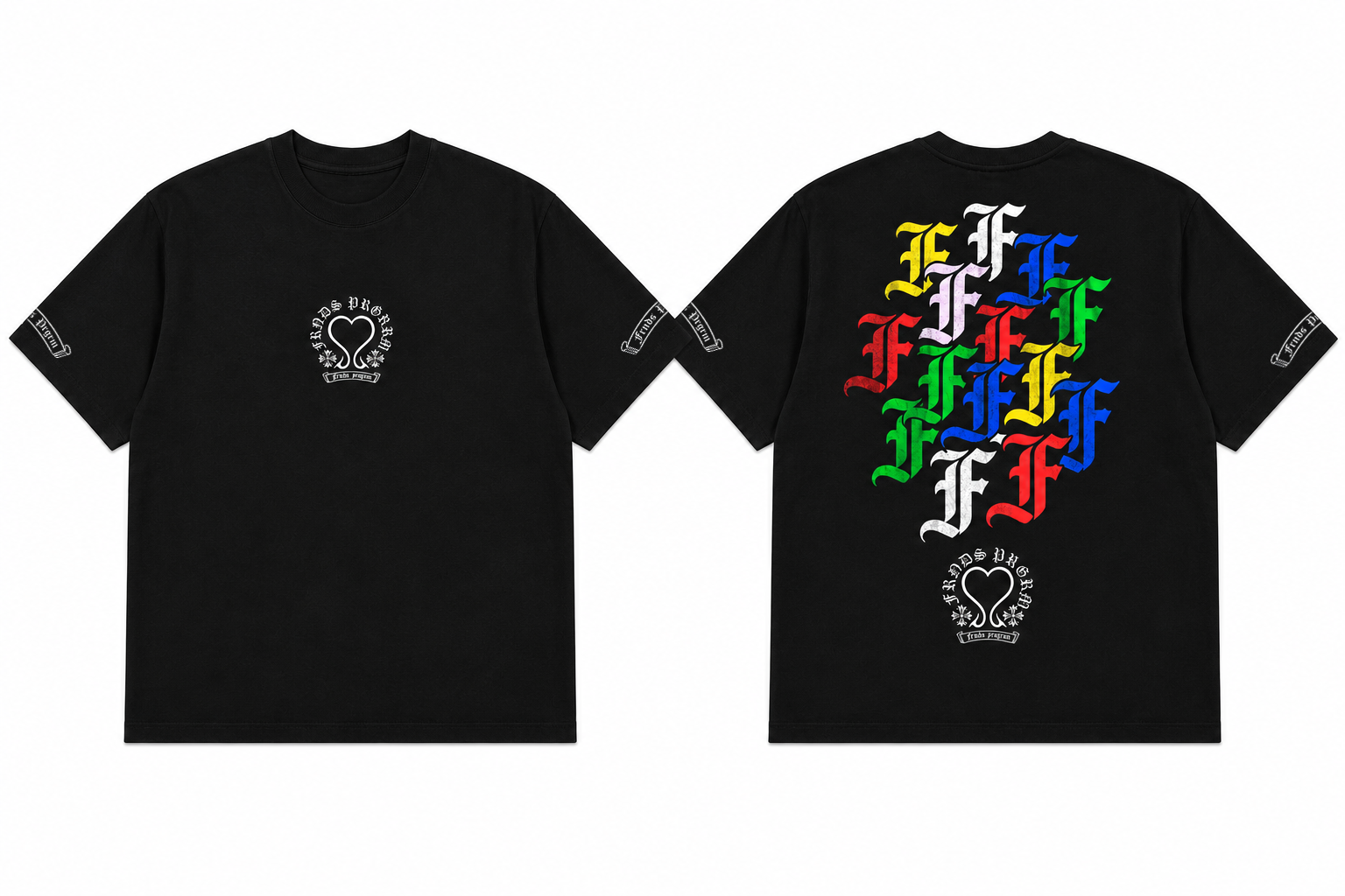 Black Old English F tee front and back mockup