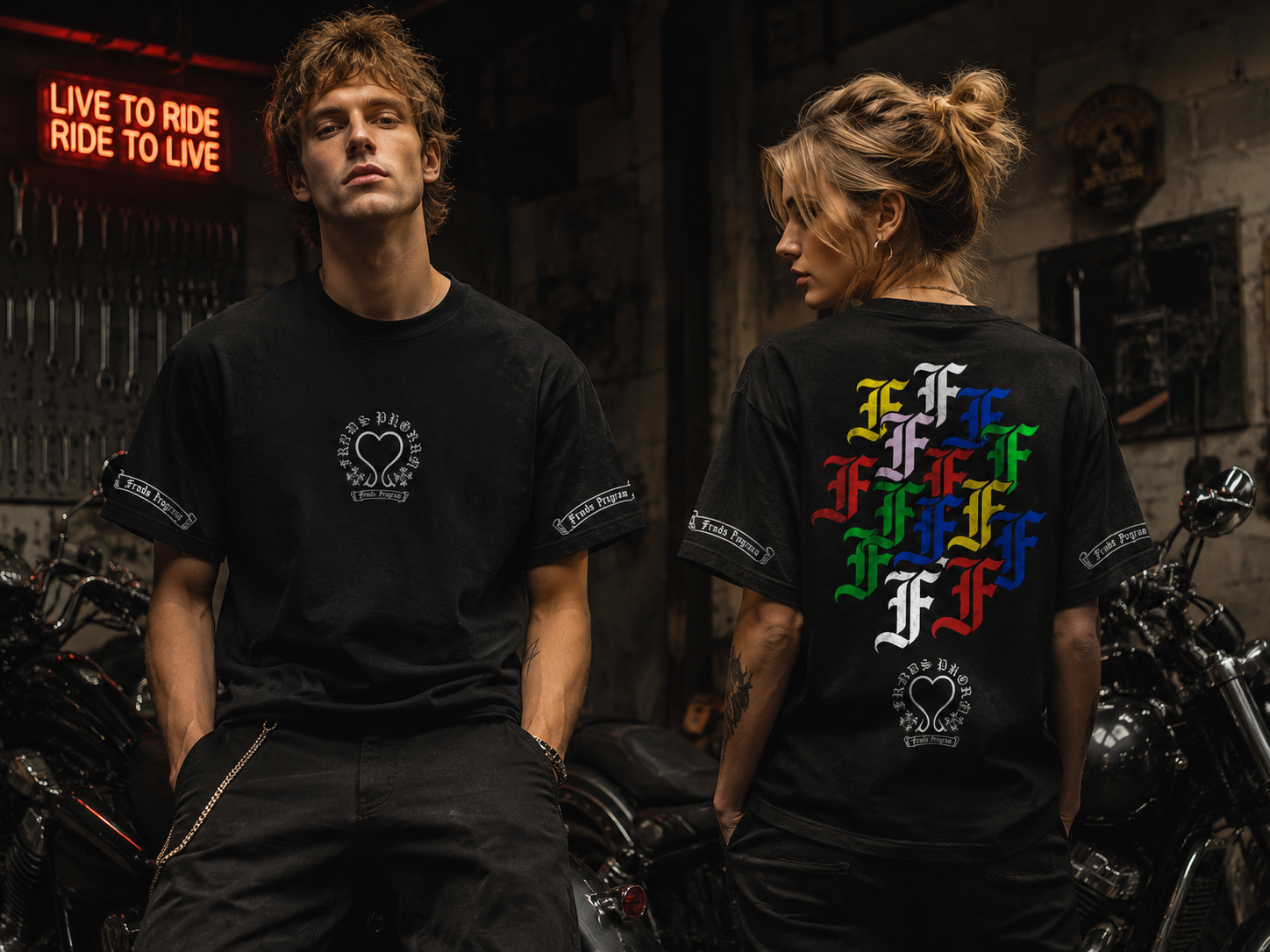 Models wearing the black Old English F tee in a motorcycle garage editorial