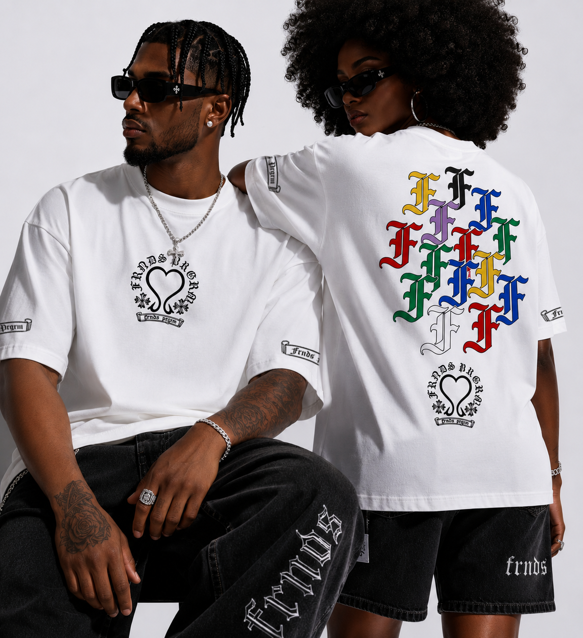 Models wearing white Old English F Members Only tee