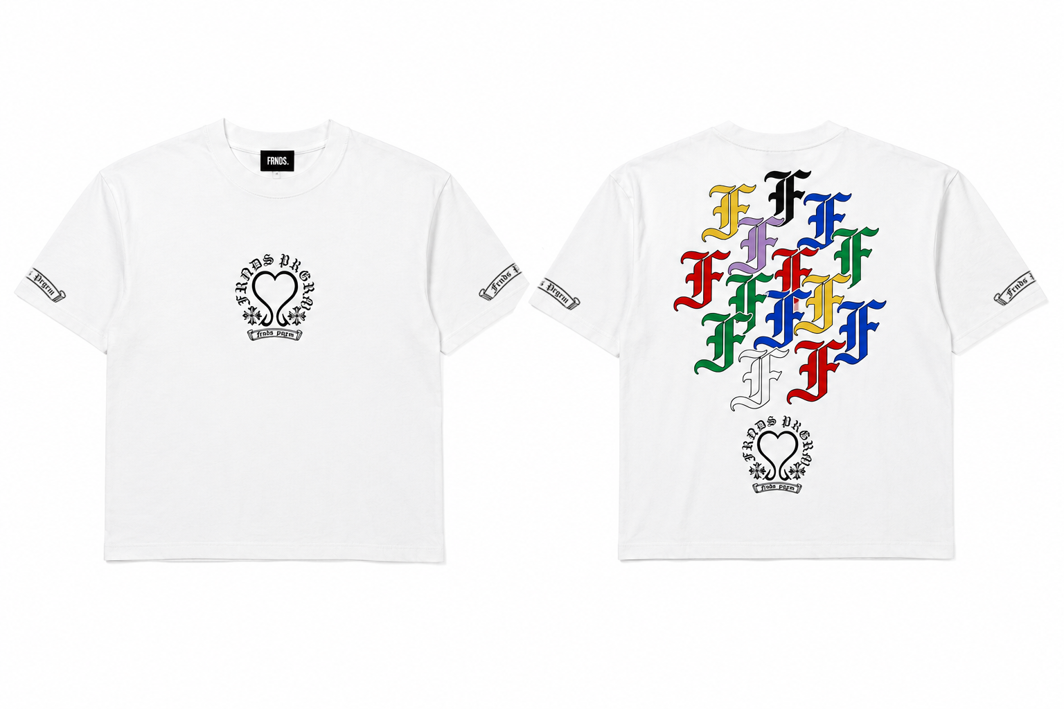 White Old English F tee front and back mockup
