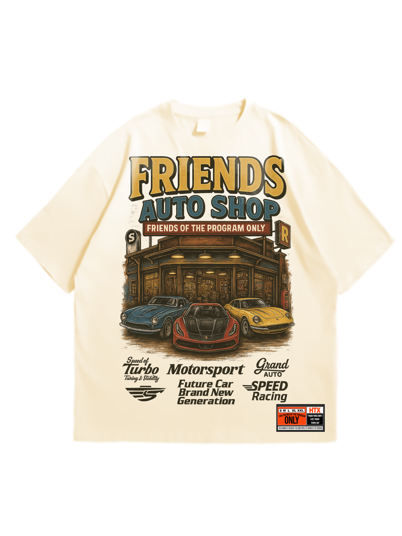 Cream Friends Auto Shop tee flat mockup