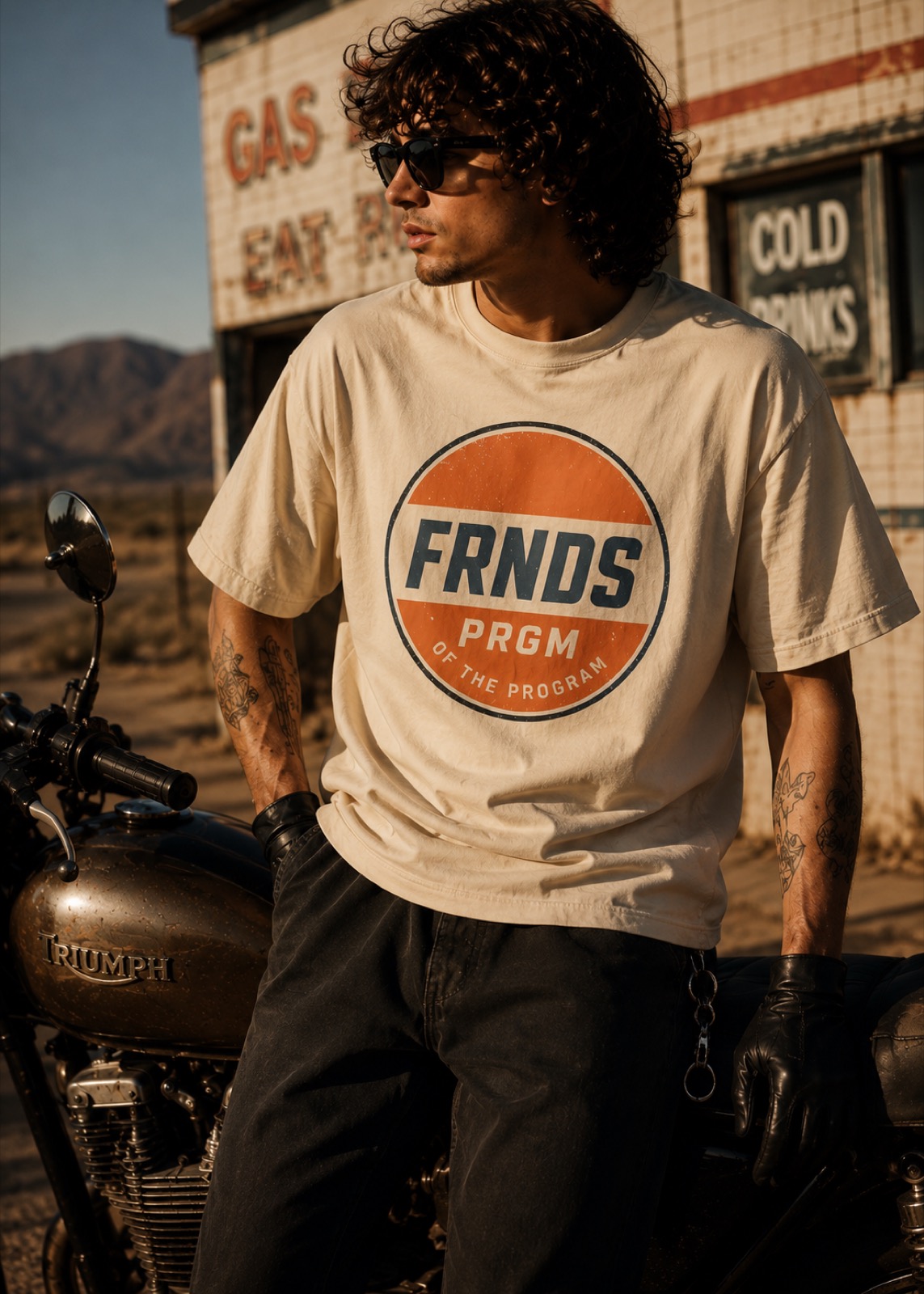 Model wearing the cream FRNDS PRGM Moto Tee beside a motorcycle in the desert