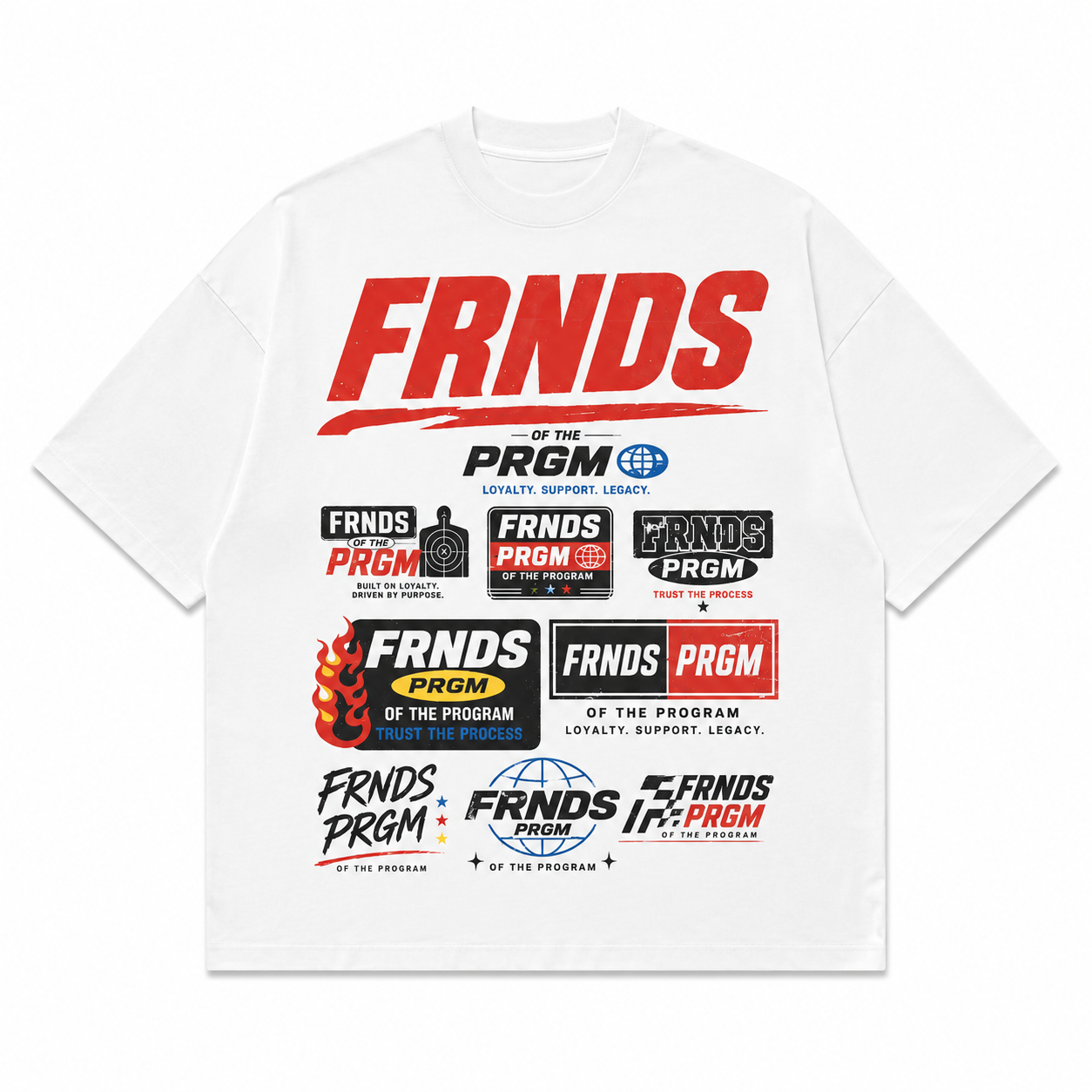 White FRNDS PRGM tee flat mockup