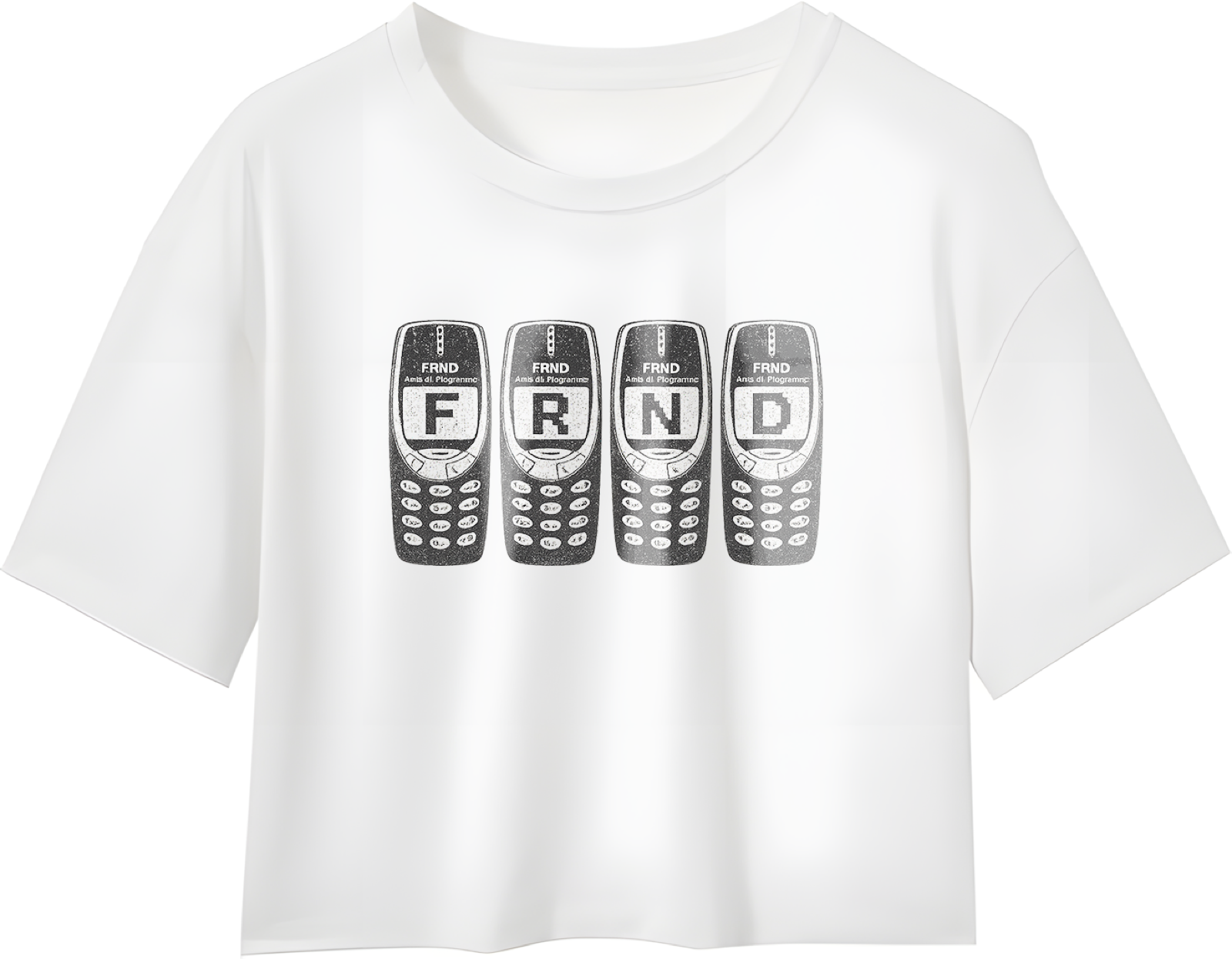 White FRNDS brick phone crop tee mockup