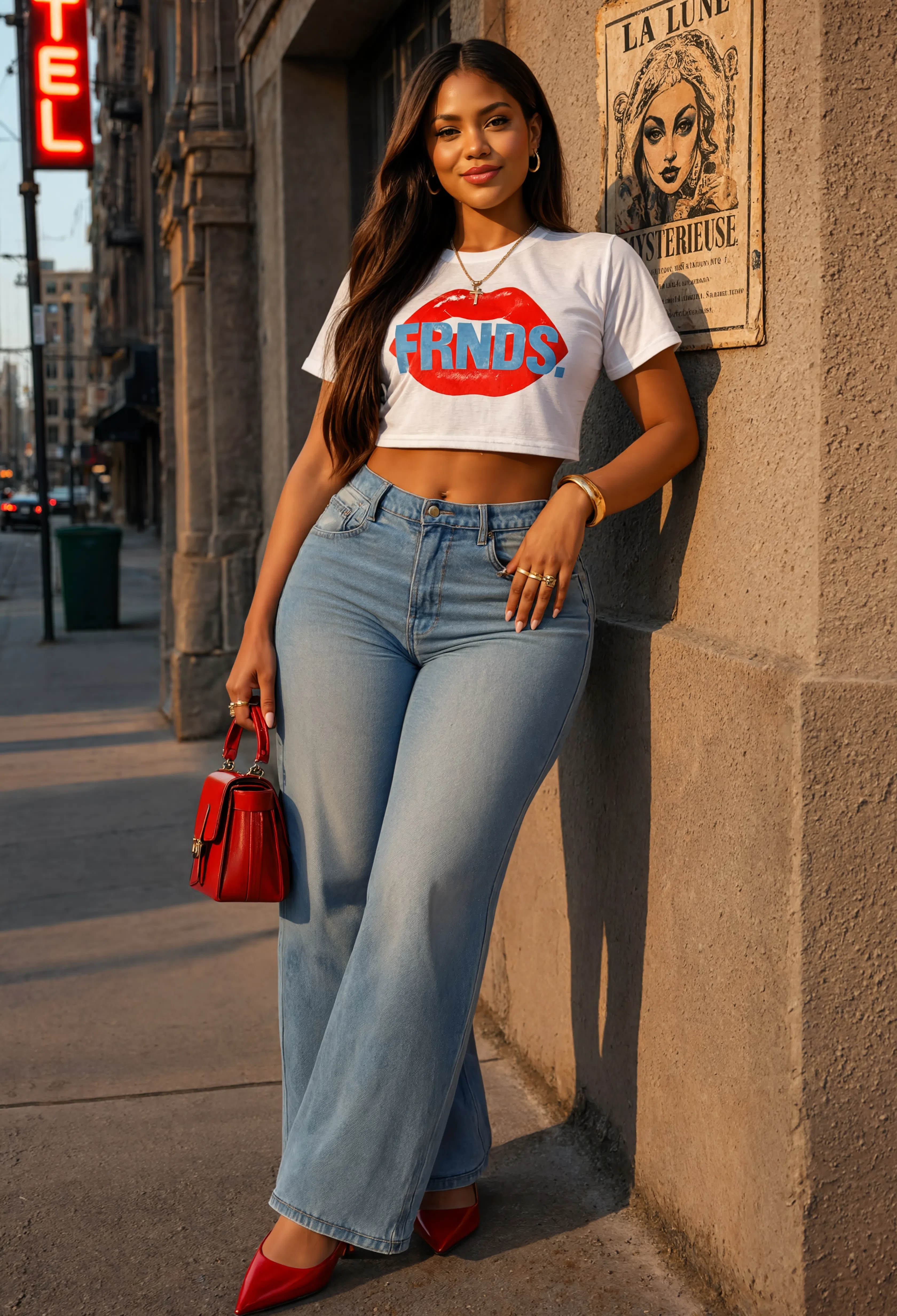Model wearing the white FRNDS lips crop top in an urban street scene
