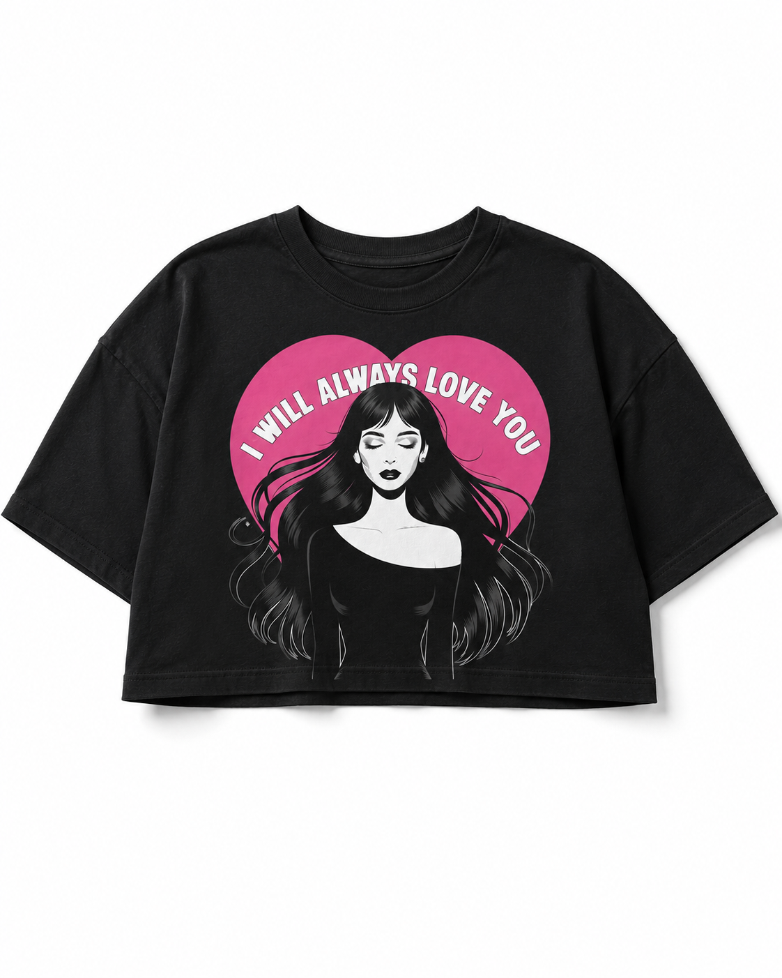 Black I Will Always Love U crop tee flat mockup