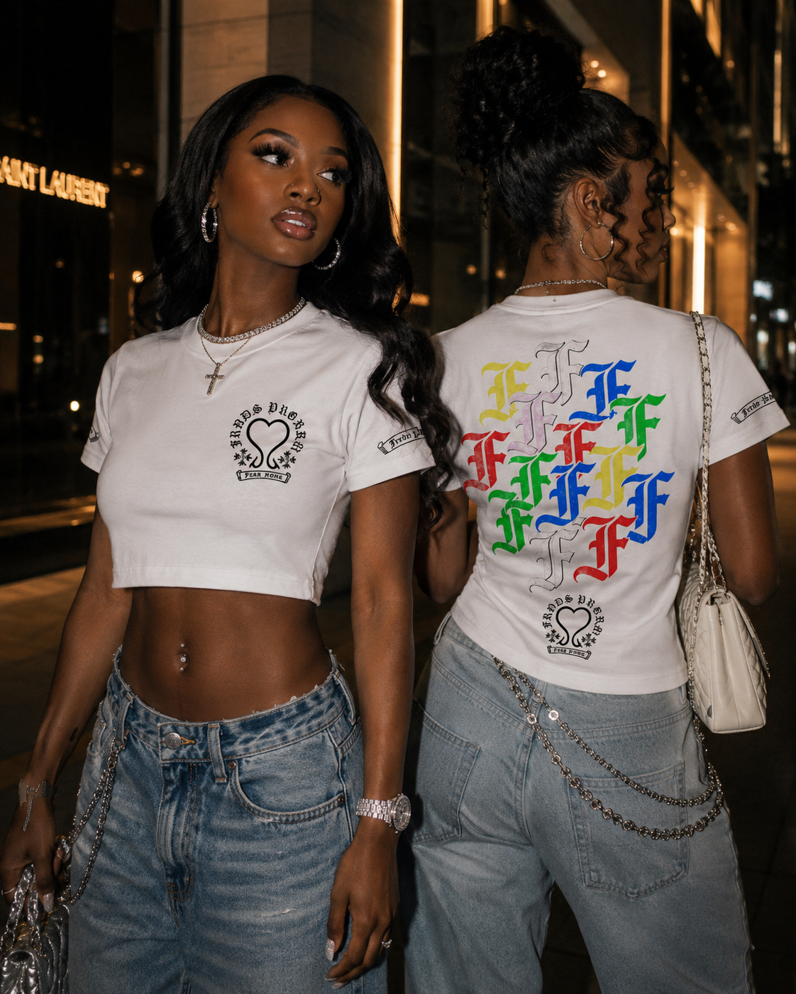 Models wearing the white Old English F crop top with front and back styling