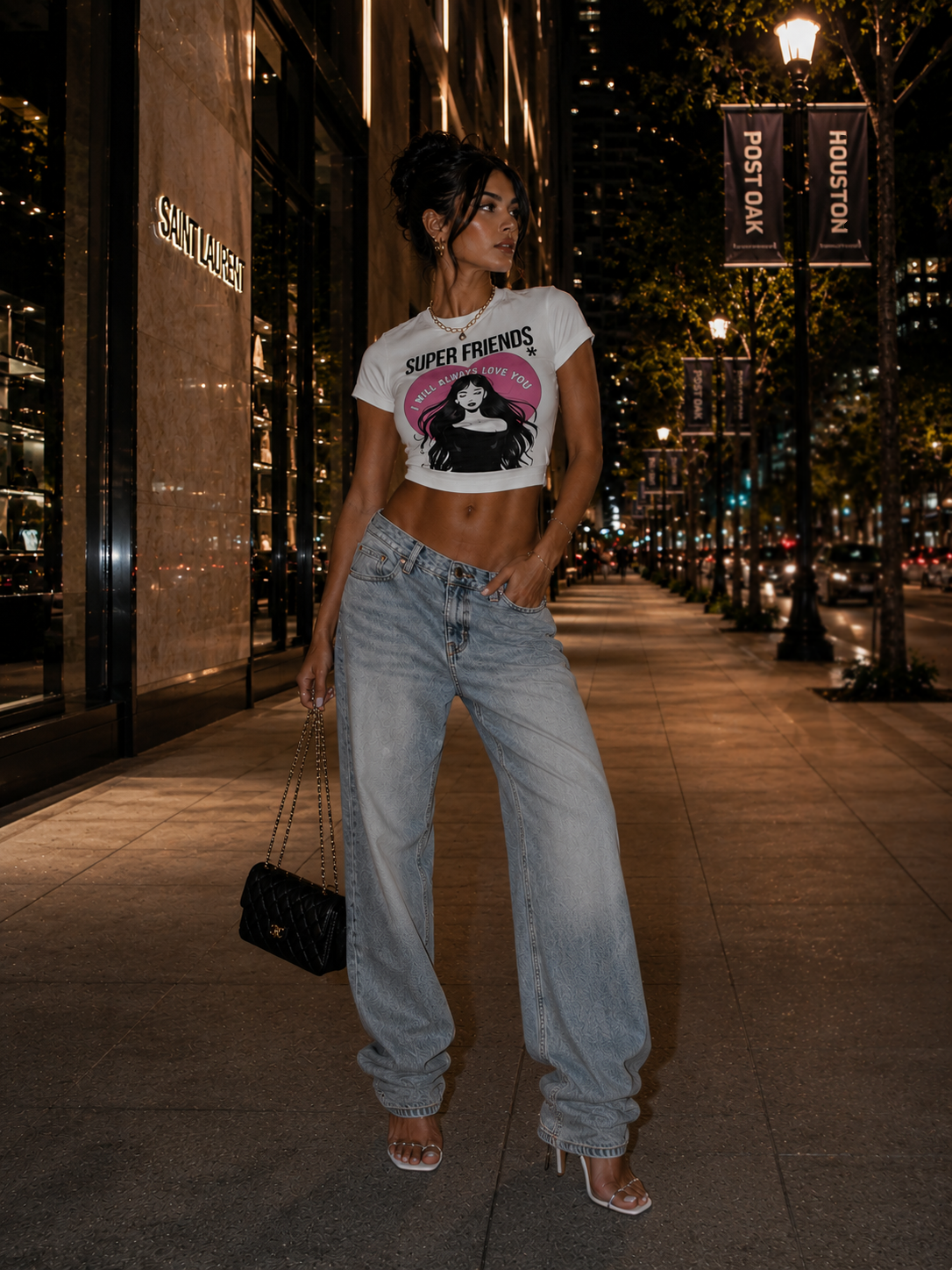 Model wearing the white Super Friends crop top in a luxury streetwear look