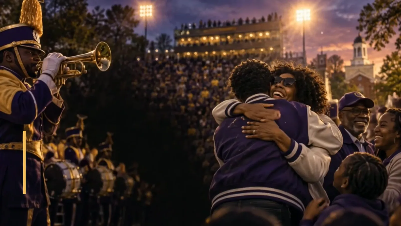Friends embracing at Homecoming in a trailer scene