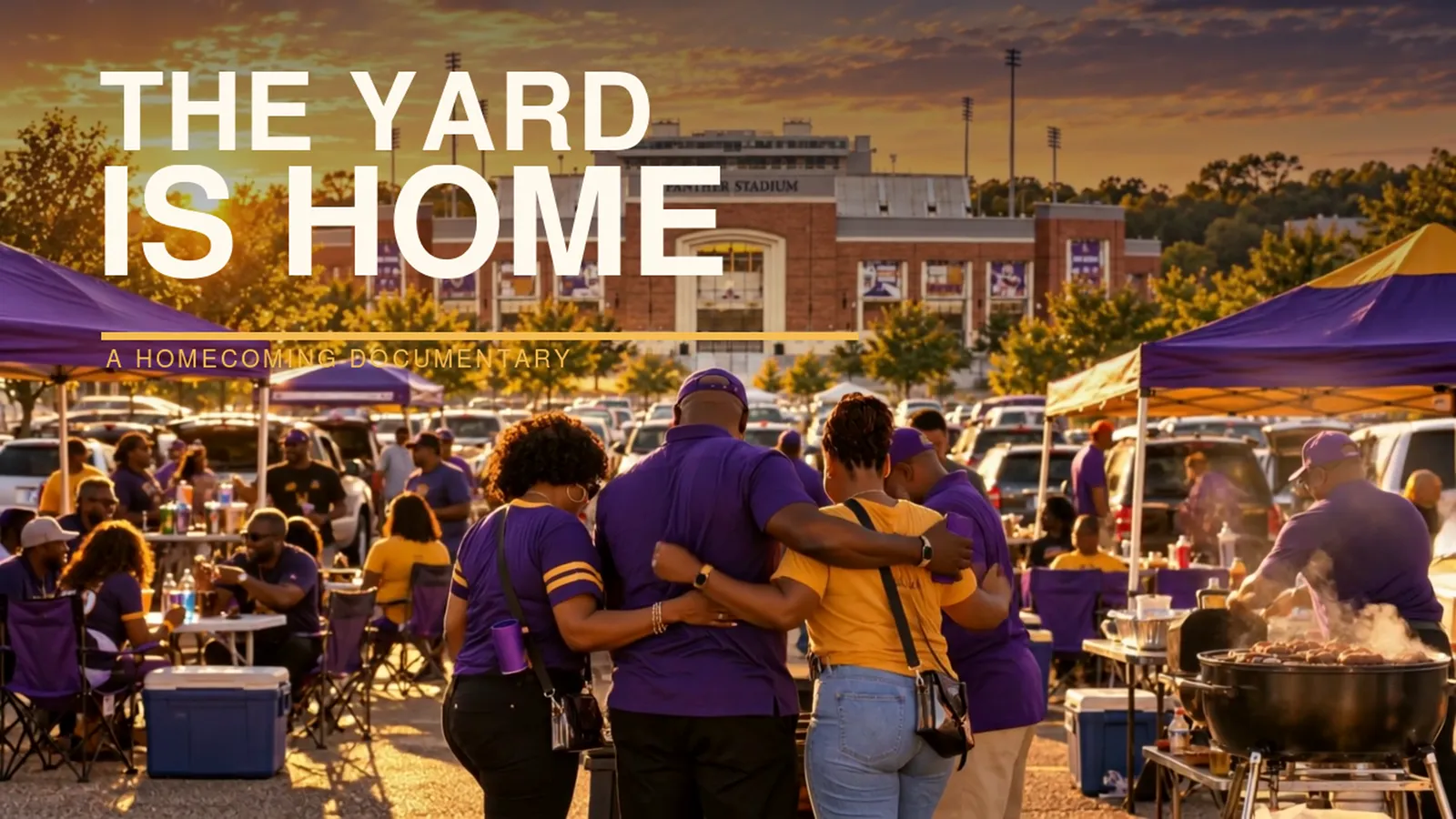 Alumni walking together toward Panther Stadium in the trailer
