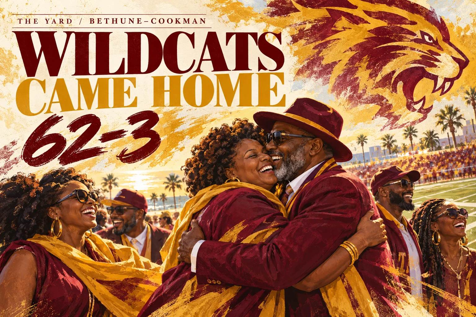 Maroon-and-gold illustration of Bethune-Cookman alumni embracing beside a wildcat motif and the 62–3 score.