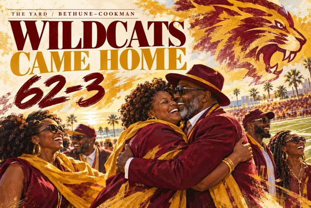 Bethune-Cookman alumni embracing in the maroon-and-gold Wildcats Came Home editorial illustration.