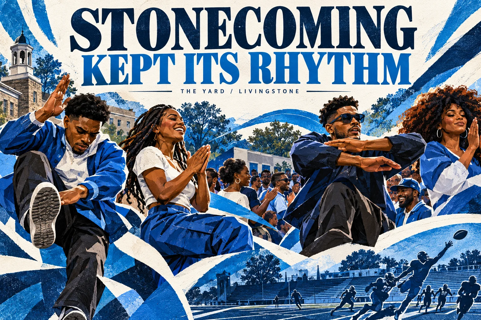 Blue-and-white illustration of alumni and students stepping and clapping, with a football catch motif.