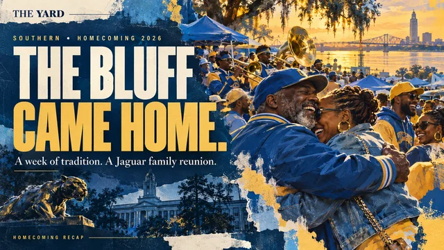 Southern alumni embracing in the blue-and-gold The Bluff Came Home editorial illustration.